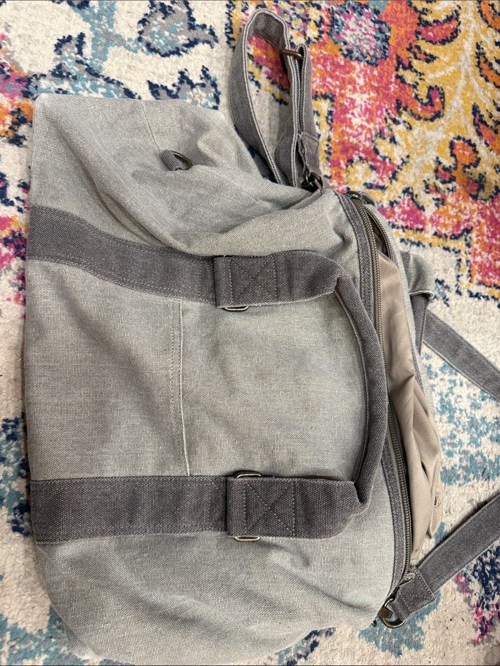 Gray canvas duffle bag